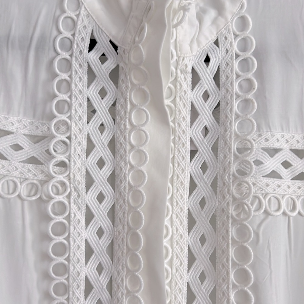 F21 Forever 21 Crochet Woven Lace Cutout Ivory White Blouse Womens L Large 8 - Picture 8 of 17